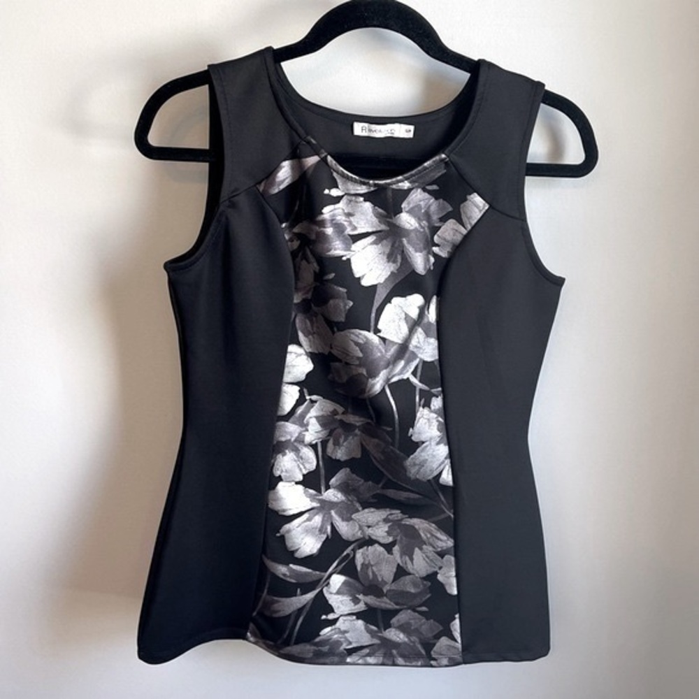 Rickis Black Metallic Silver Floral Sleeveless Fitted Shell Tank Top Size S - Picture 2 of 9